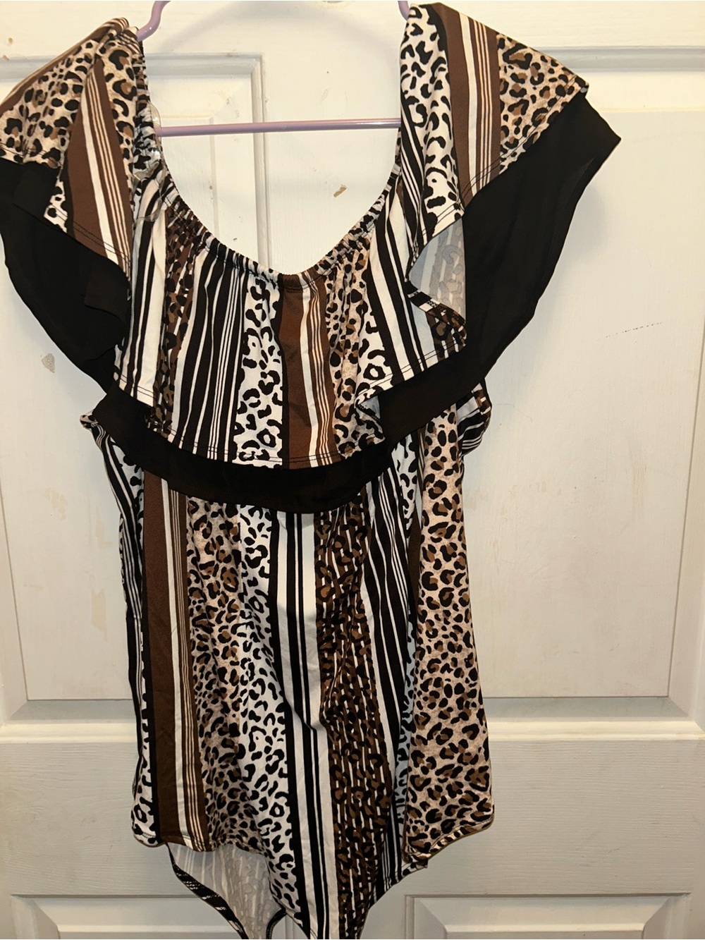 Cato Brown Black White Striped & Leopard Print Bodysuit